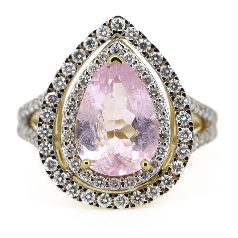 Yellow Gold Morganite and Diamond Double Halo Ring