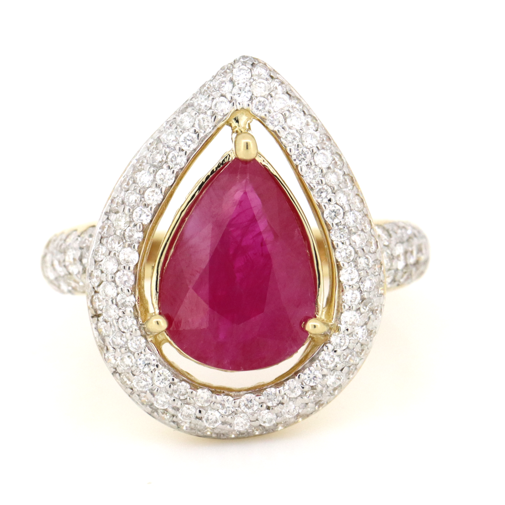Pear Shaped Ruby and Diamond Halo Cluster Ring