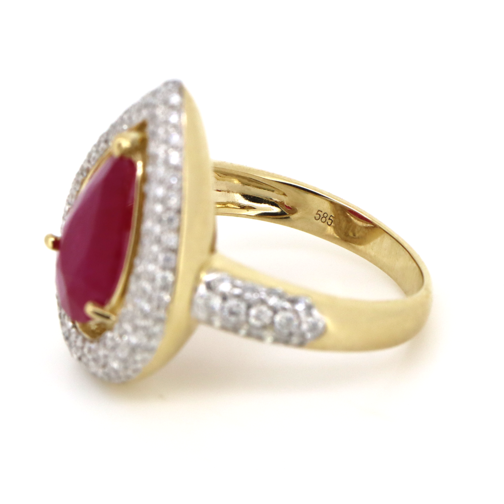 Pear Shaped Ruby and Diamond Halo Cluster Ring