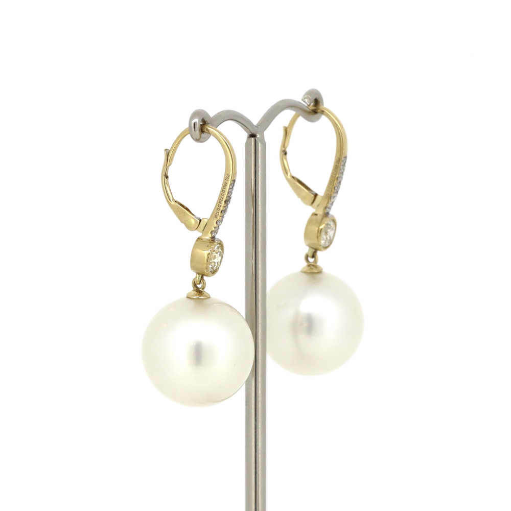 White Cultured South Sea Pearl and Yellow Diamond Drop Earrings