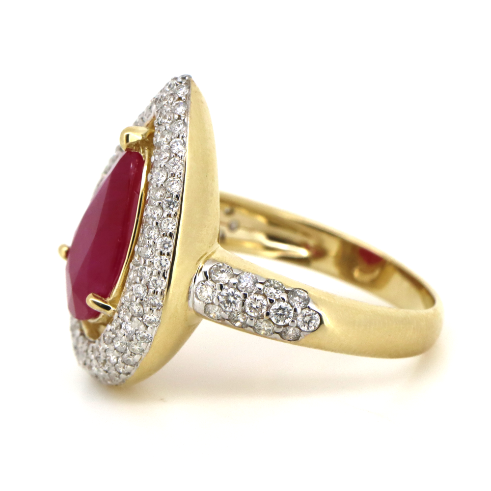 Pear Shaped Ruby and Diamond Halo Cluster Ring