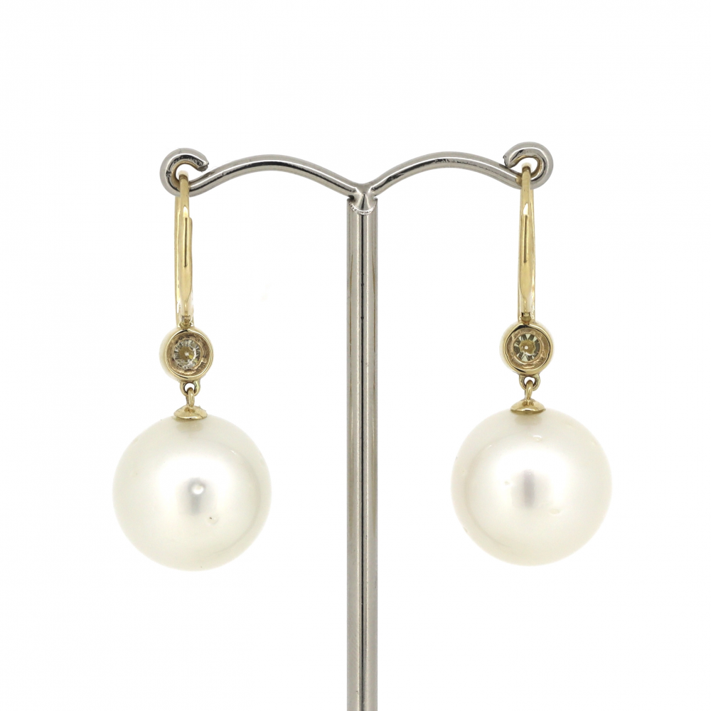 White Cultured South Sea Pearl and Yellow Diamond Drop Earrings