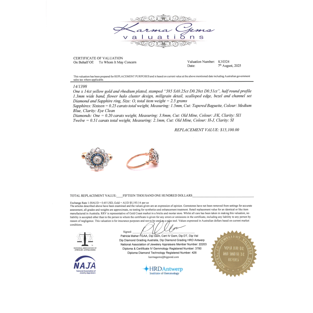 Yellow Gold Blue Sapphire and Diamond Halo Ring