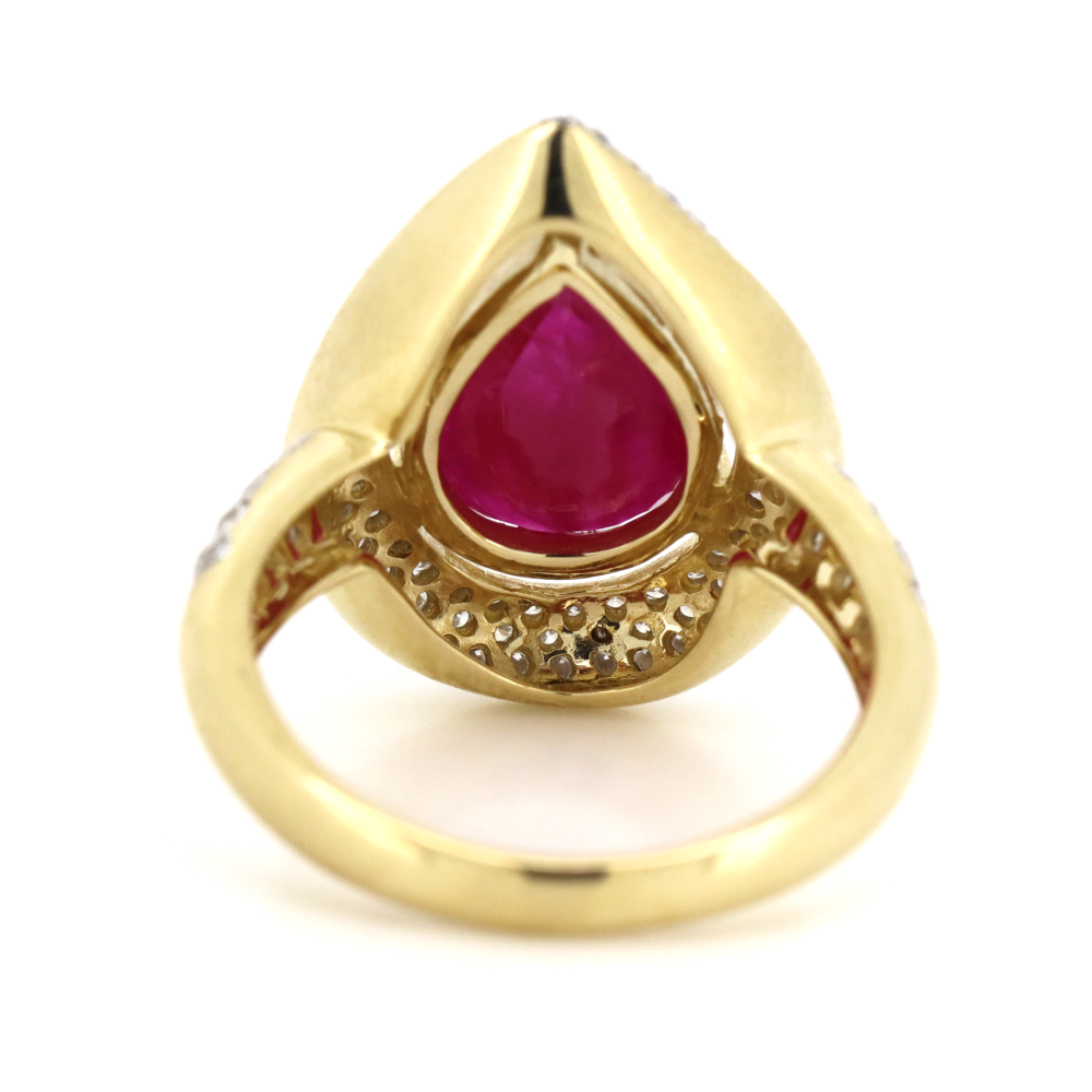 Pear Shaped Ruby and Diamond Halo Cluster Ring
