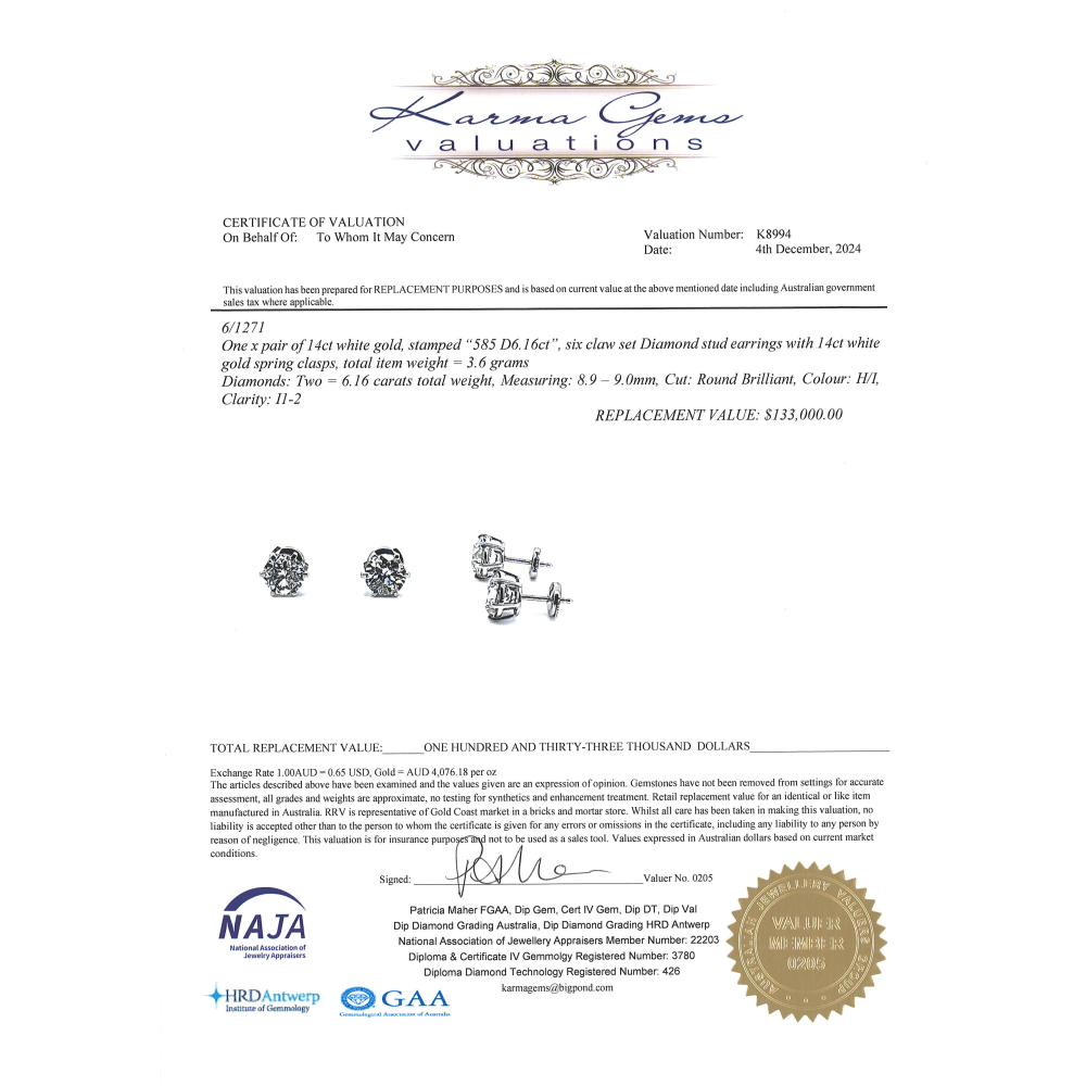 6.16ct White Gold and Diamond Stud Earrings