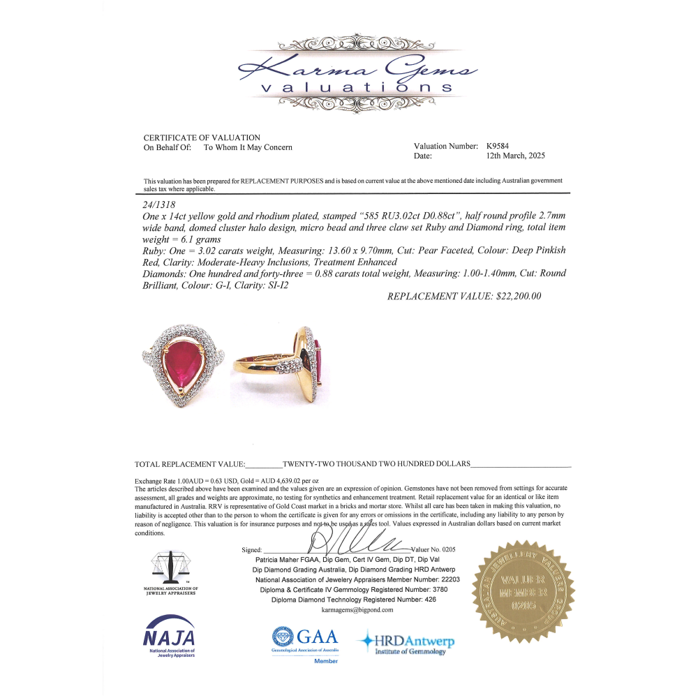 Pear Shaped Ruby and Diamond Halo Cluster Ring