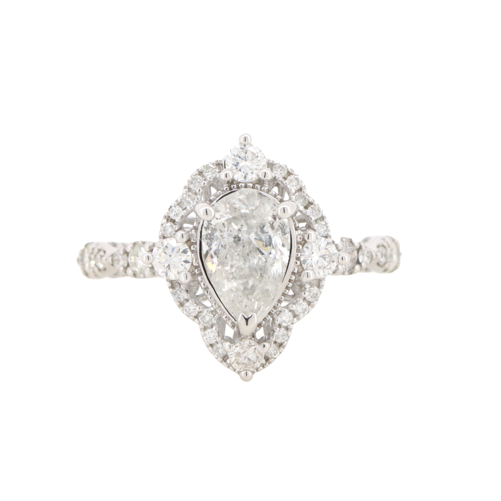 1.04ct Pear Shaped White Gold and Diamond Halo Antique-Style Ring