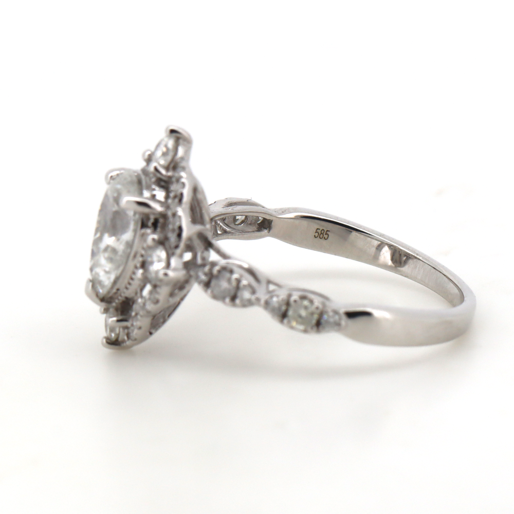 1.04ct Pear Shaped White Gold and Diamond Halo Antique-Style Ring