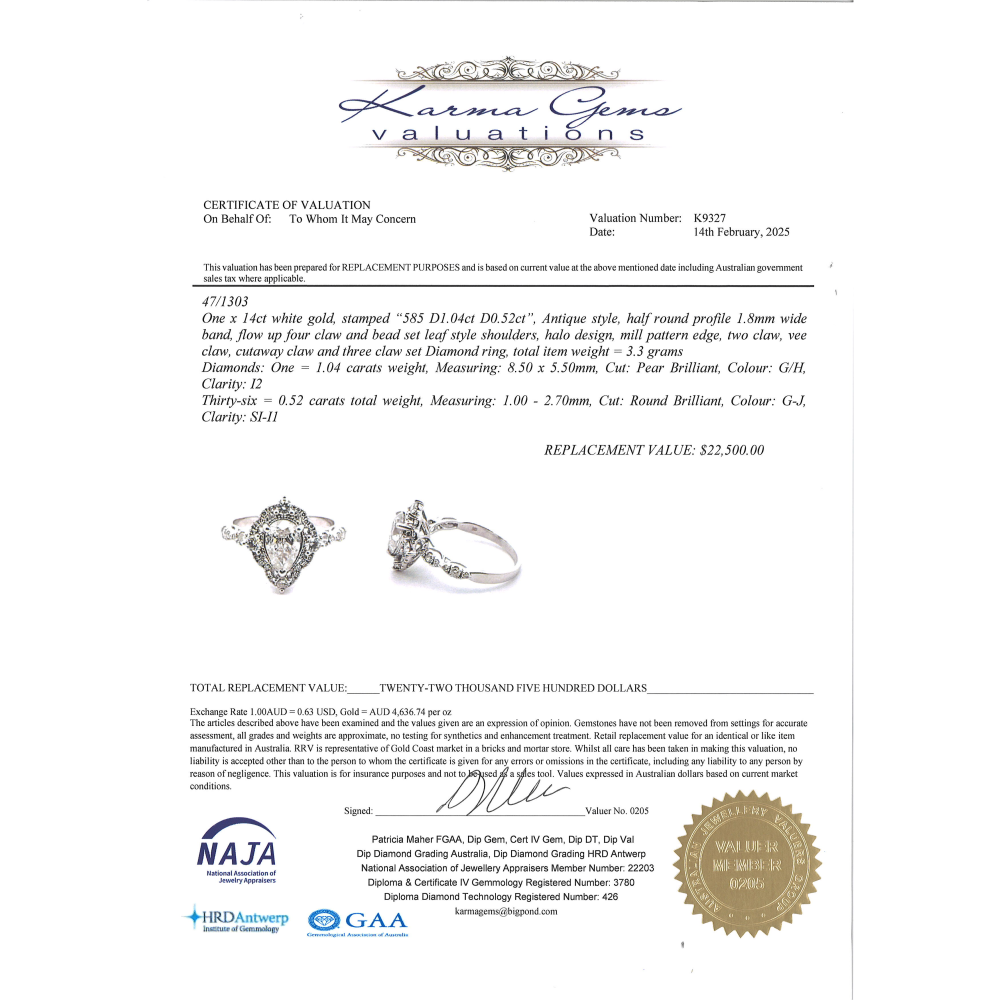 1.04ct Pear Shaped White Gold and Diamond Halo Antique-Style Ring