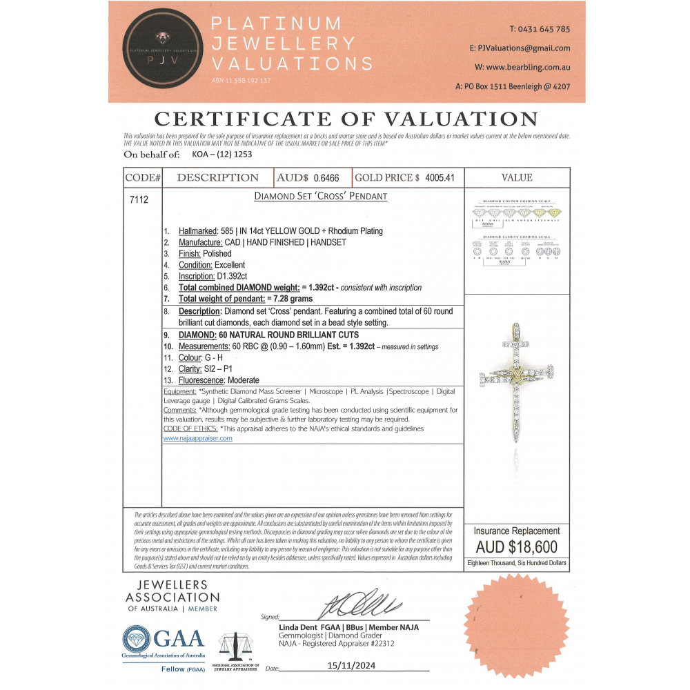 Yellow Gold, 1.392ct TDW Diamond, Crucifix Pendant