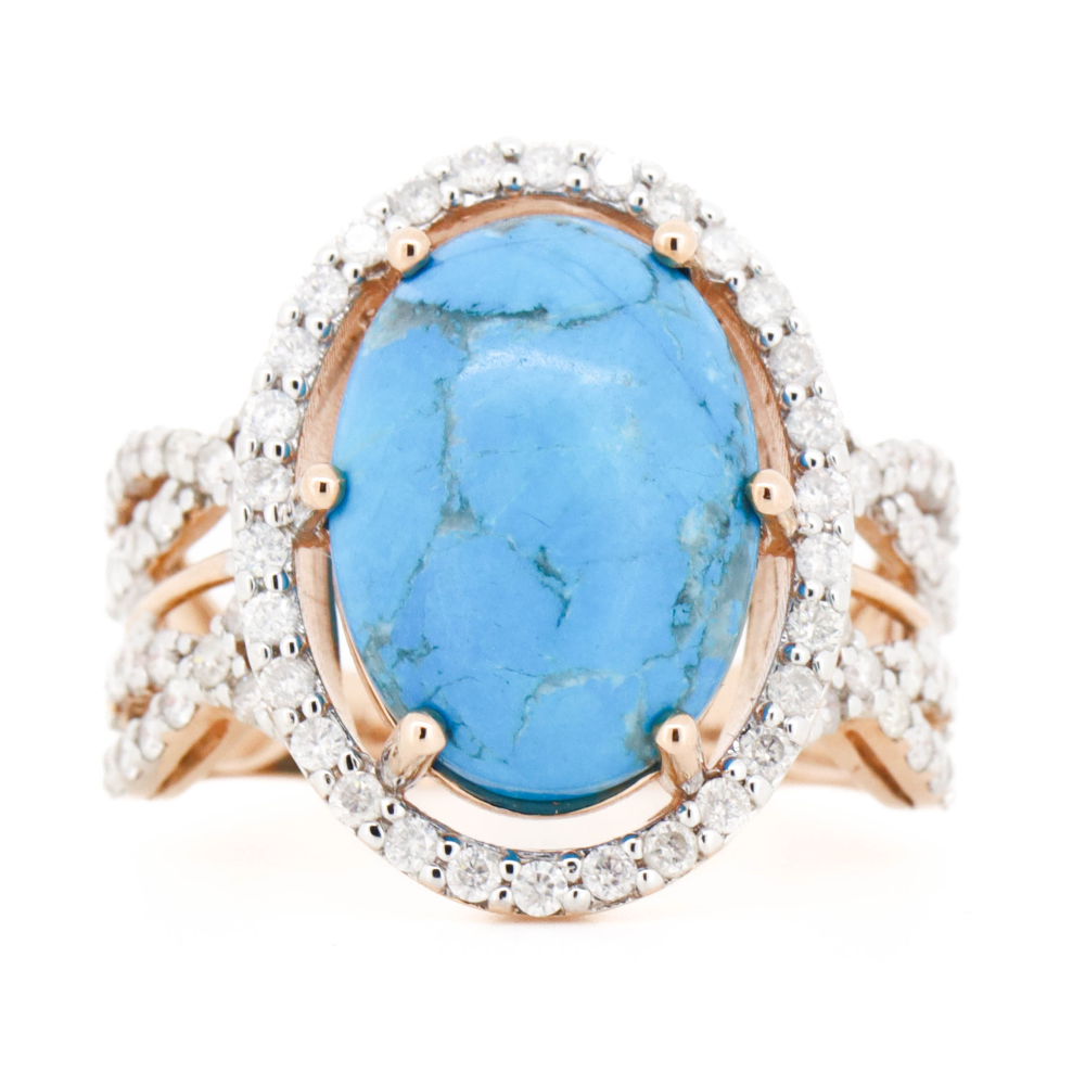 Rose Gold Turquoise & Diamond Halo Ring – Bold Cabochon Elegance