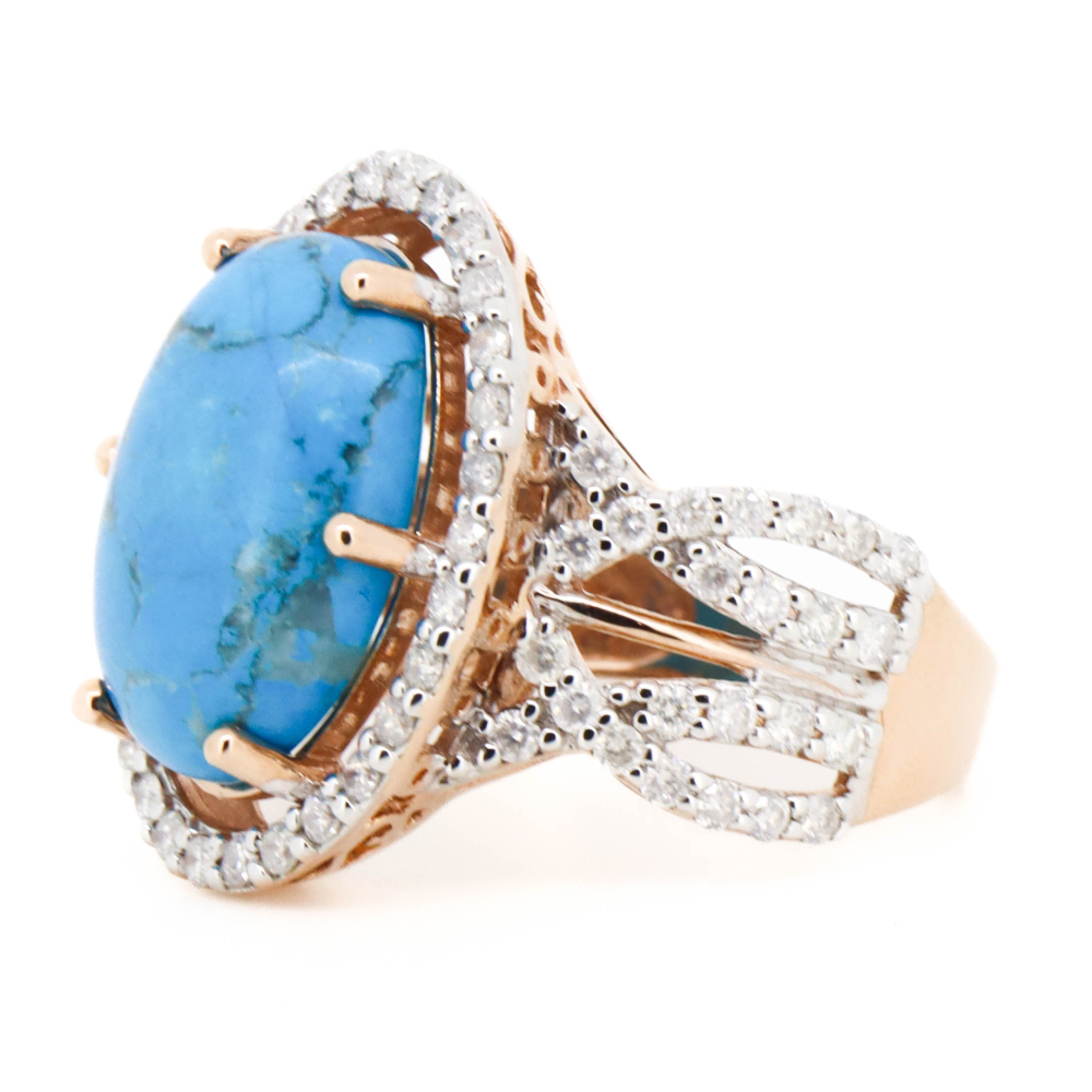 Rose Gold Turquoise & Diamond Halo Ring – Bold Cabochon Elegance