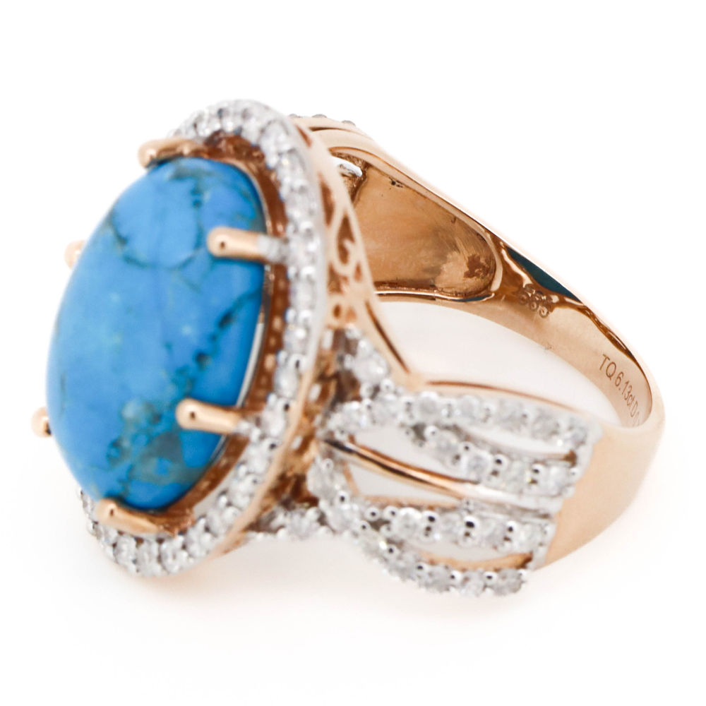 Rose Gold Turquoise & Diamond Halo Ring – Bold Cabochon Elegance