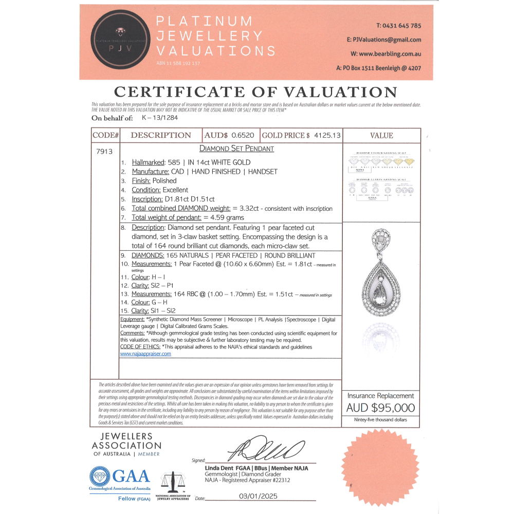 1.81ct Pear faceted White Gold and Diamond Decorative Pendant