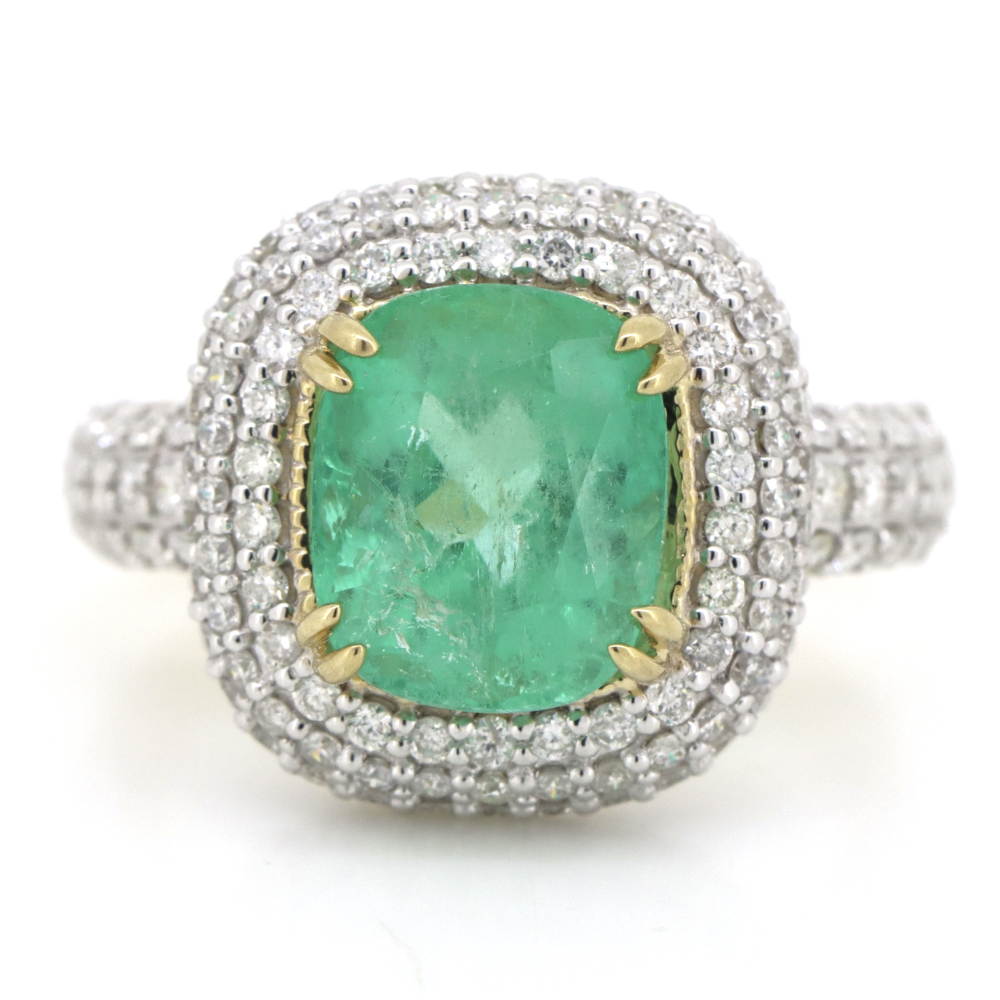 Yellow Gold, 3.52ct Colombian Emerald and Diamond, Cluster Ring