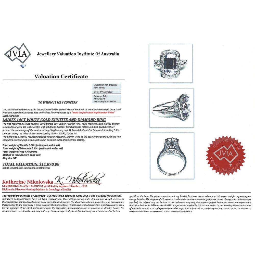 5.00ct White Gold Kunzite and Diamond Halo Split Band Ring
