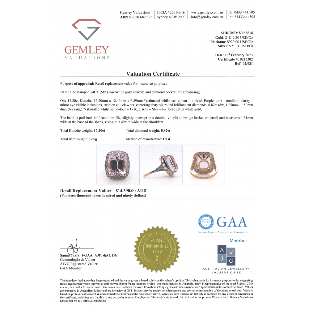 17.30ct Rose Gold Kunzite and Diamond Halo Cocktail Ring