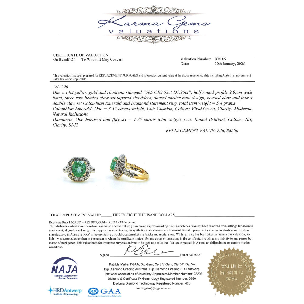 Yellow Gold, 3.52ct Colombian Emerald and Diamond, Cluster Ring