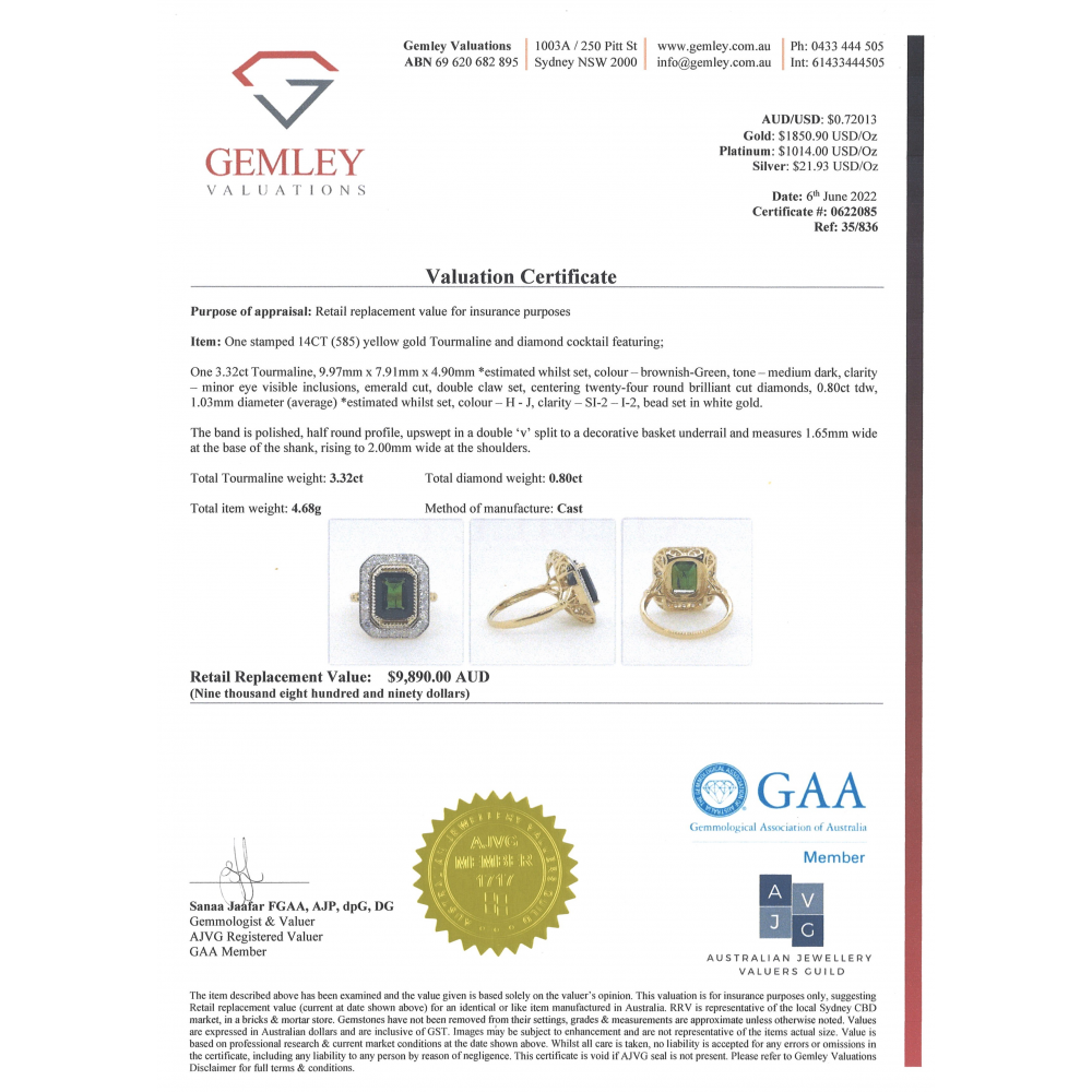 3.32ct Green Tourmaline & Diamond Antique-Inspired Ring