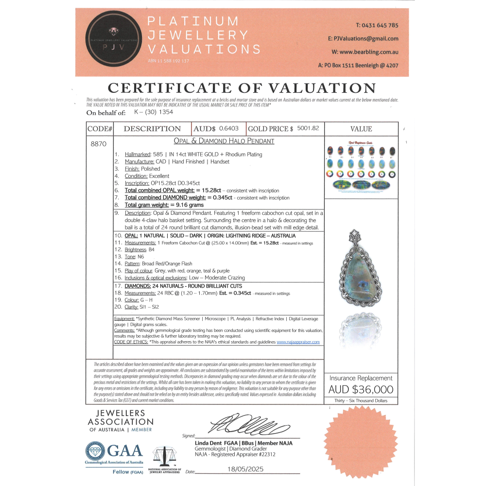 White Gold Lightning Ridge Opal and Diamond Pendant