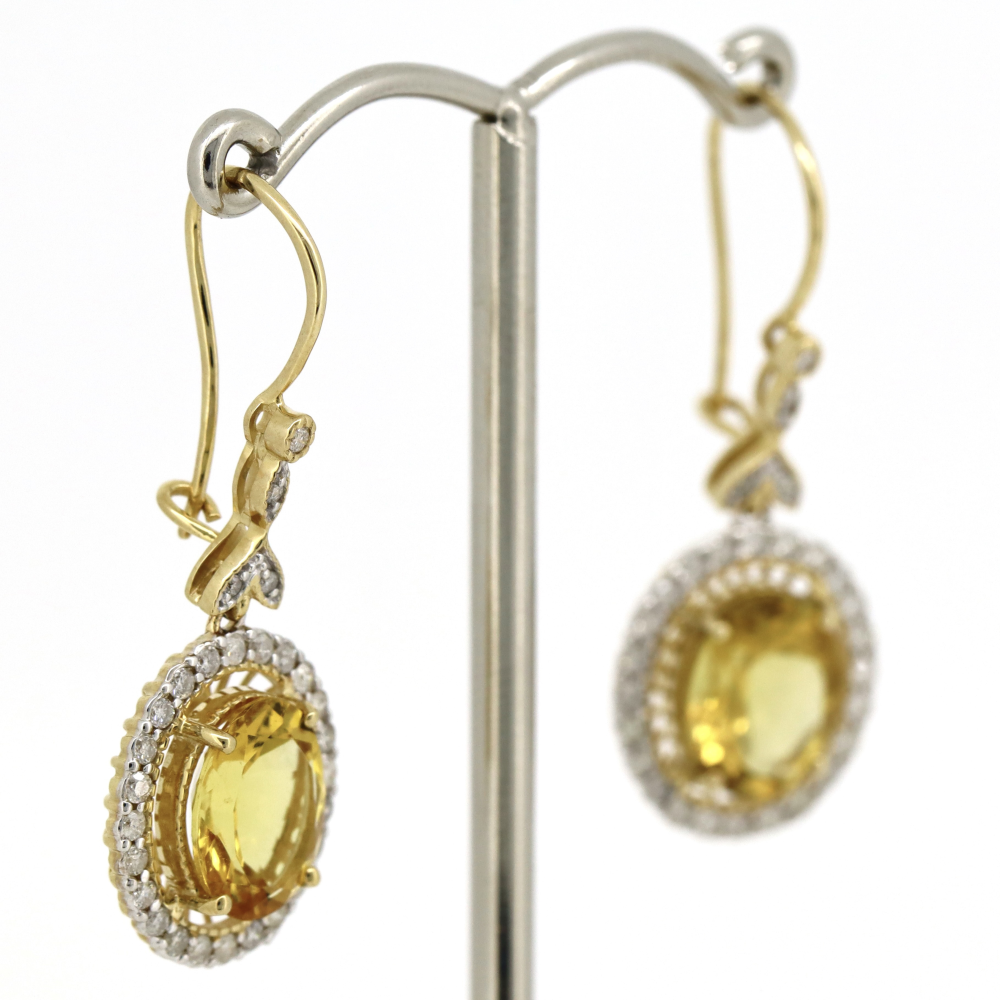 Yellow Gold Heliodor and Diamond Vintage Inspired Drop Earrings