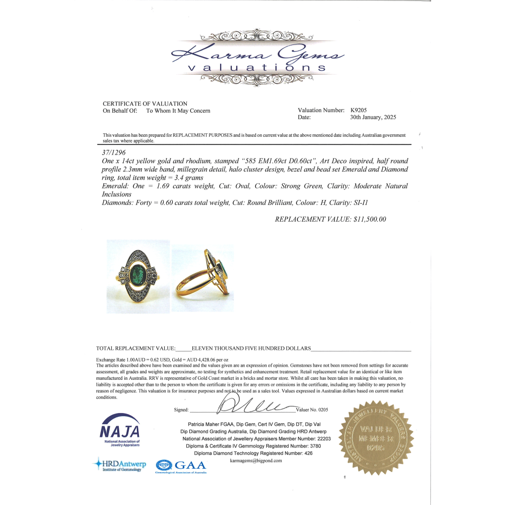 1.69ct Yellow Gold Emerald and Diamond Art Deco Inspired Ring