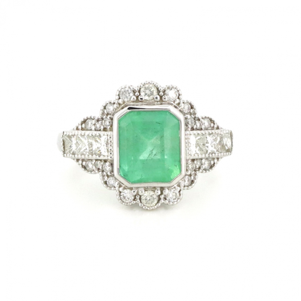 2.28ct White Gold Colombian Emerald and Diamond Art Deco Ring