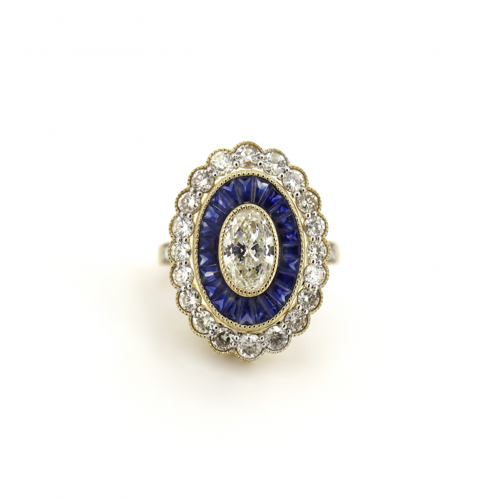 1.01ct Blue Sapphire and Diamond Art Deco Inspired Ring