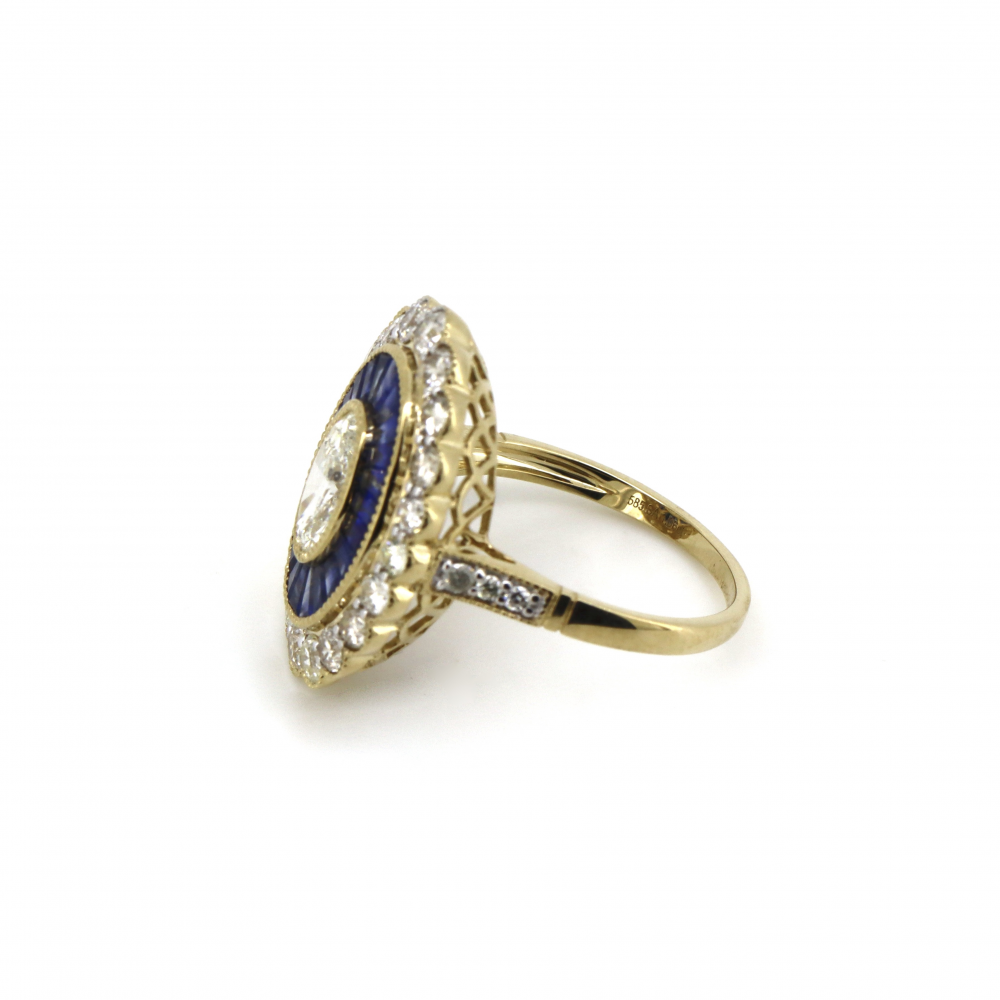 1.01ct Blue Sapphire and Diamond Art Deco Inspired Ring