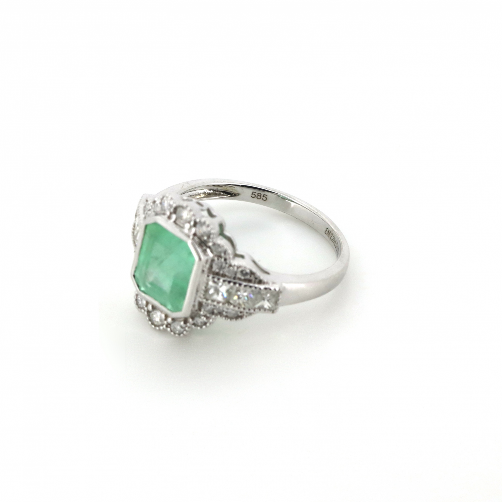 2.28ct White Gold Colombian Emerald and Diamond Art Deco Ring