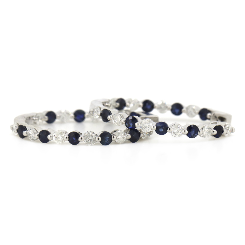 White Gold Blue Sapphire and Diamond Hoop Earrings