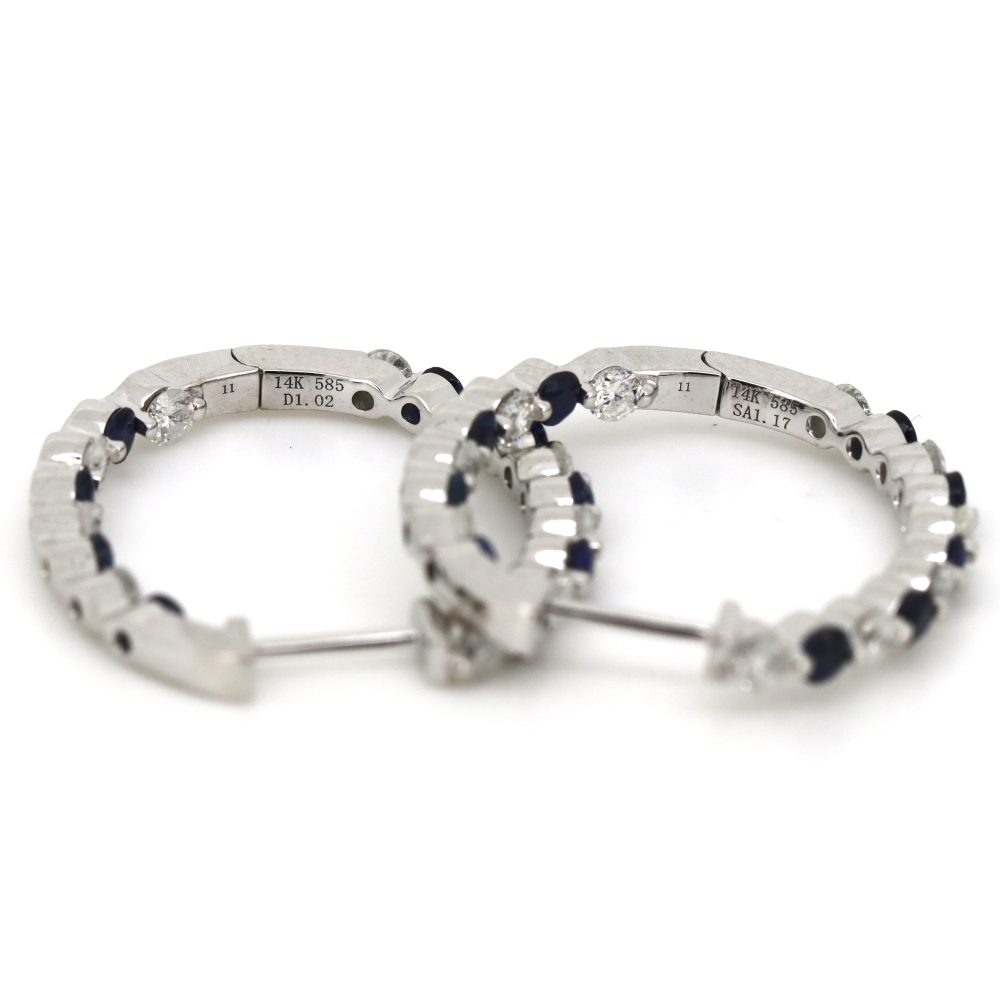 White Gold Blue Sapphire and Diamond Hoop Earrings