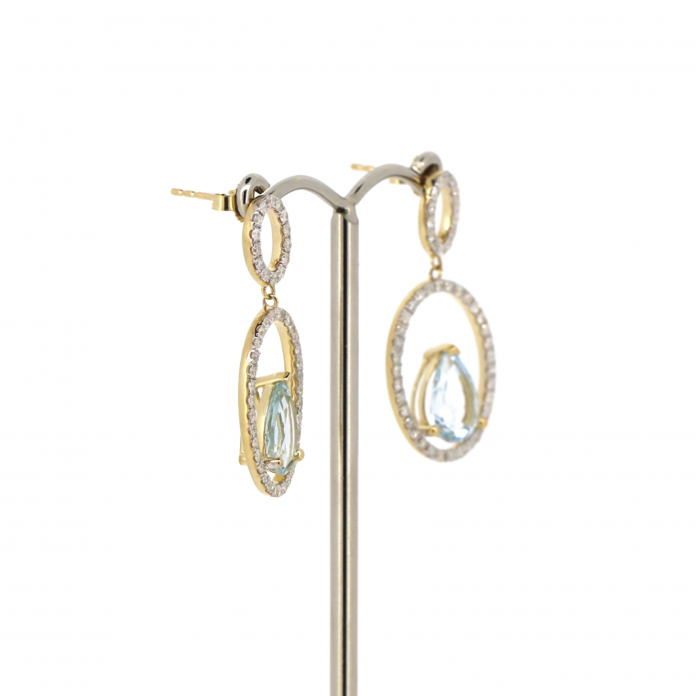 2.90ct Pear cut Yellow Gold Aquamarine and Diamond Double Hoop Drop Earrings