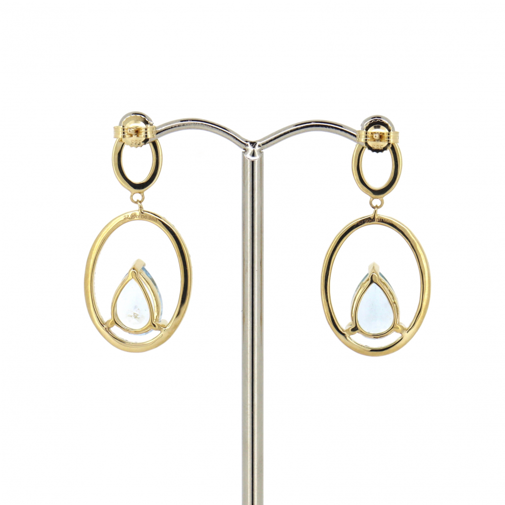 2.90ct Pear cut Yellow Gold Aquamarine and Diamond Double Hoop Drop Earrings