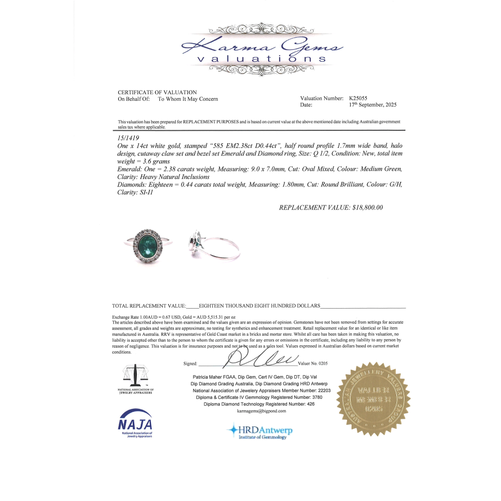 2.38ct White Gold Emerald and Diamond Halo Ring