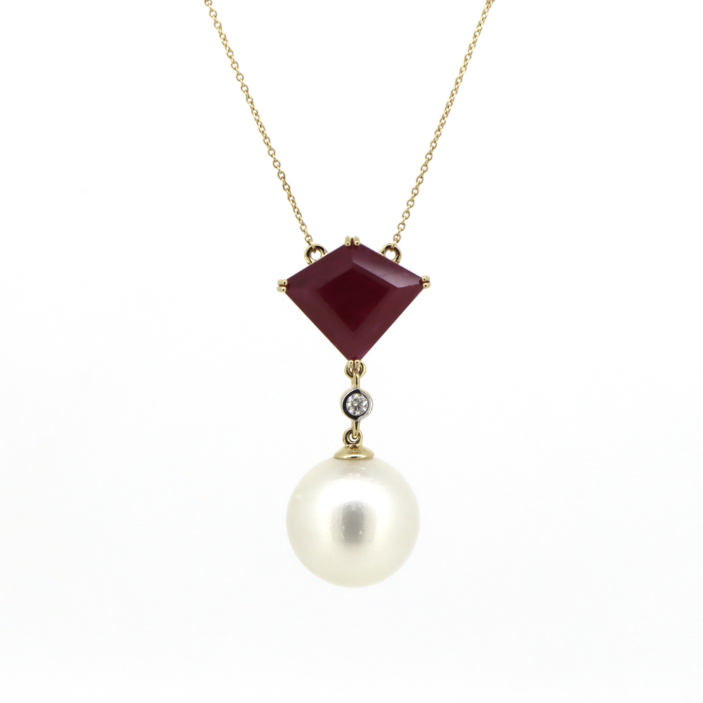Yellow Gold, White Cultured South Sea Pearl, Ruby and Diamond, Necklace