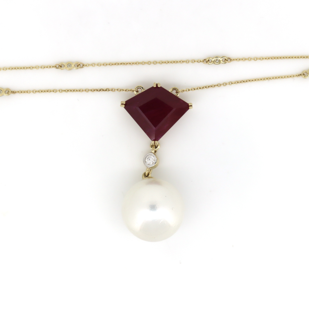 Yellow Gold, White Cultured South Sea Pearl, Ruby and Diamond, Necklace