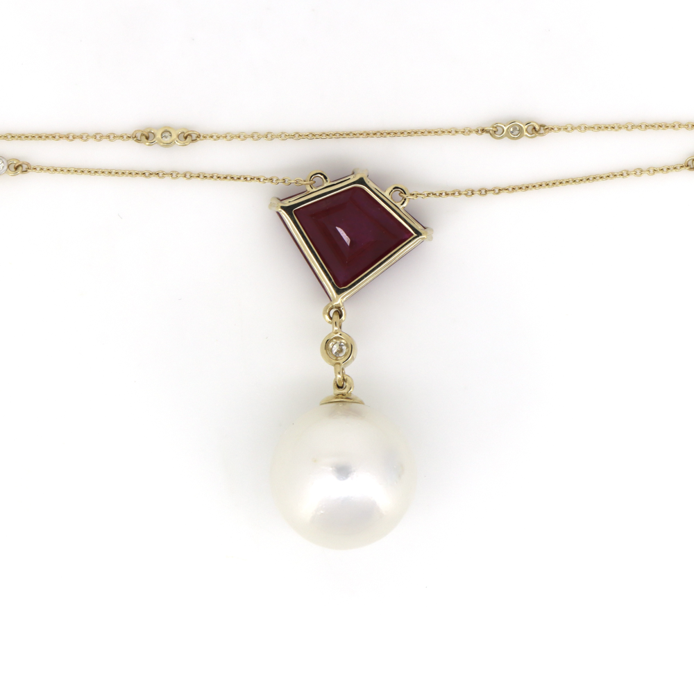 Yellow Gold, White Cultured South Sea Pearl, Ruby and Diamond, Necklace