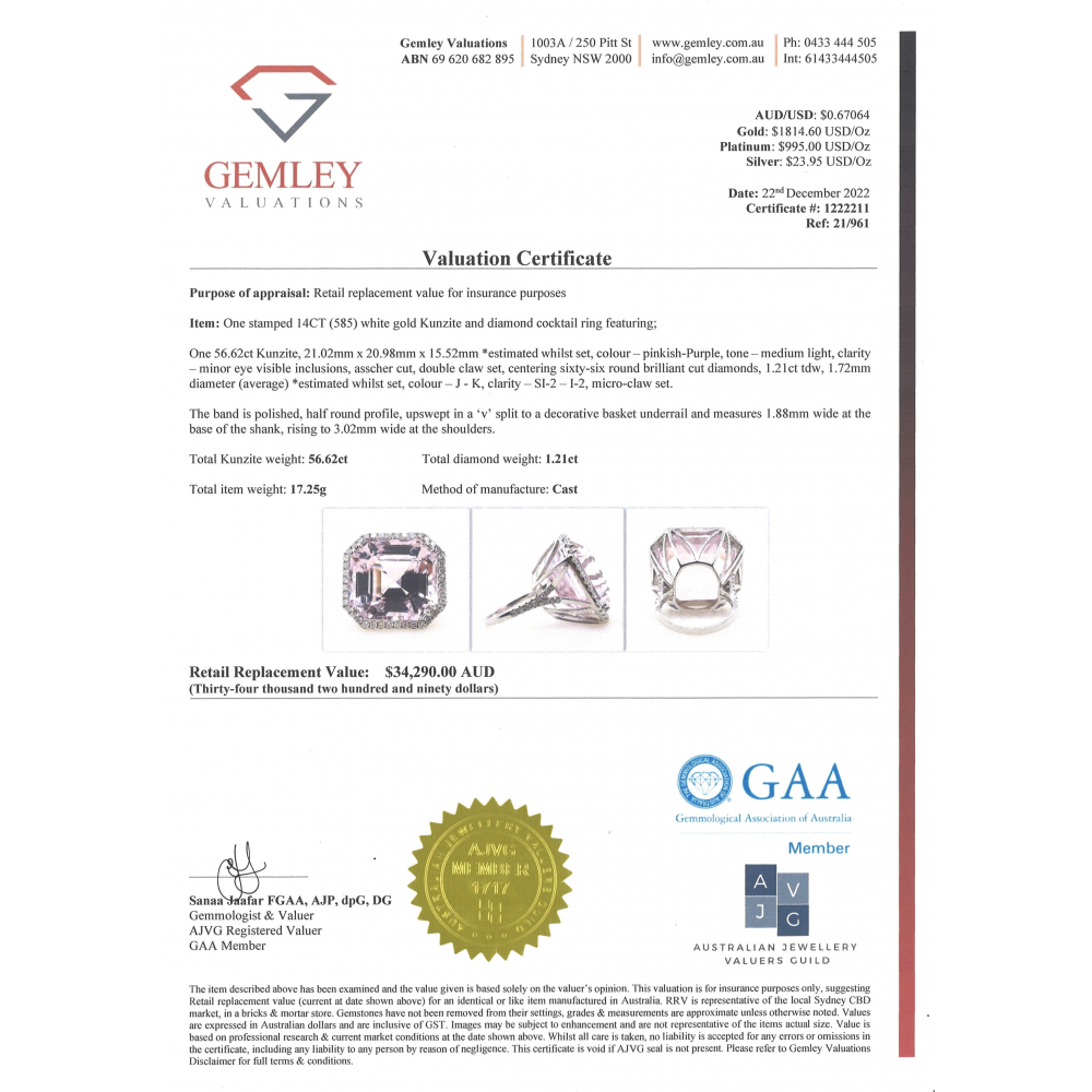 52.62ct Kunzite and Diamond Statement Ring