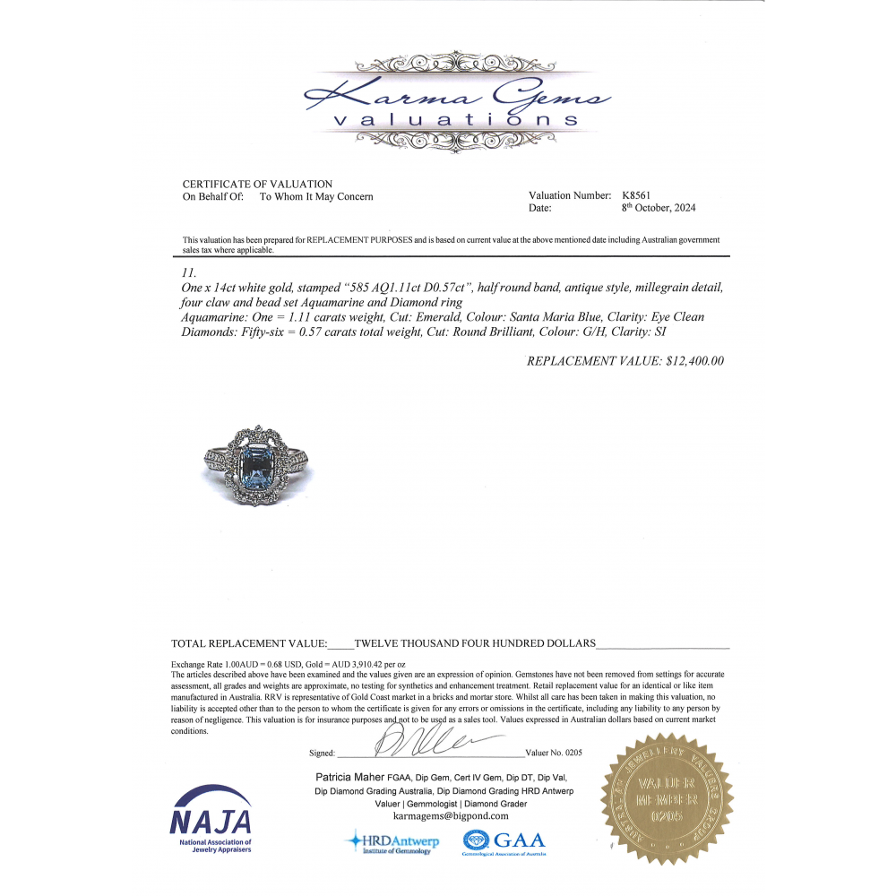 White Gold Santa Maria Aquamarine and Diamond Antique Inspired Ring