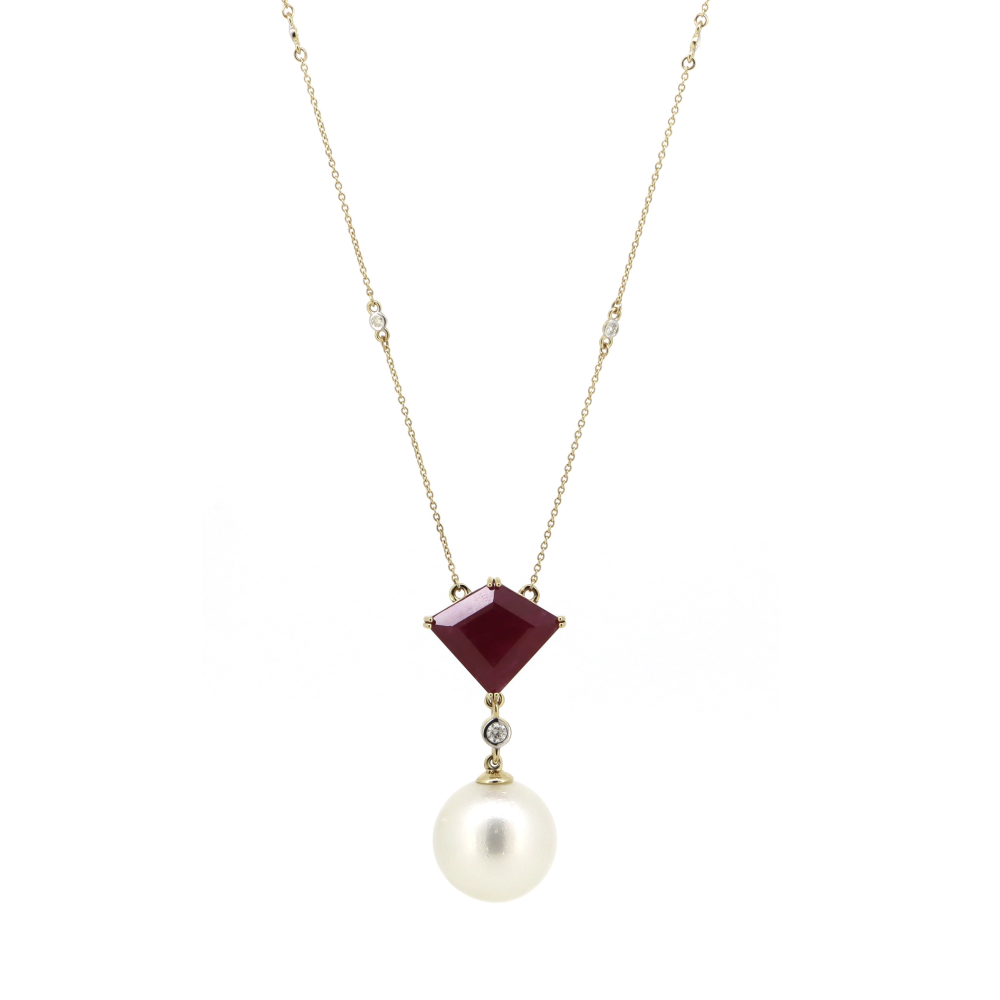Yellow Gold, White Cultured South Sea Pearl, Ruby and Diamond, Necklace