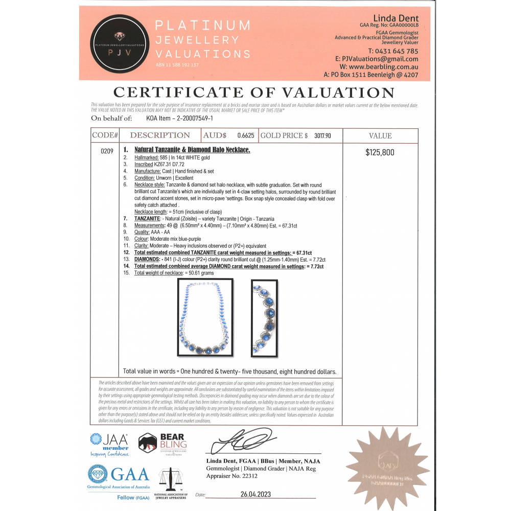 67.31ct White Gold Tanzanite and Diamond Halo Necklace