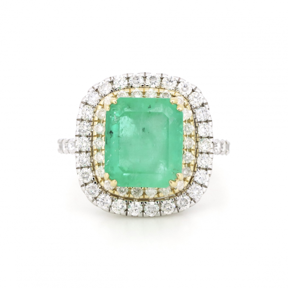 White/Yellow Gold, Colombian Emerald and Diamond Double Halo Ring
