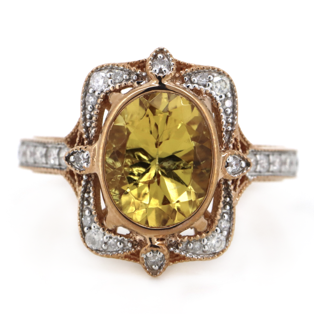 2.36ct Rose Gold Heliodor and Diamond Antique Inspired Ring