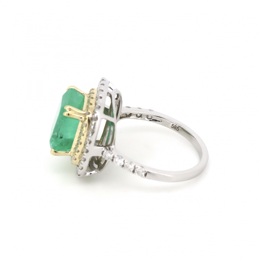 White/Yellow Gold, Colombian Emerald and Diamond Double Halo Ring