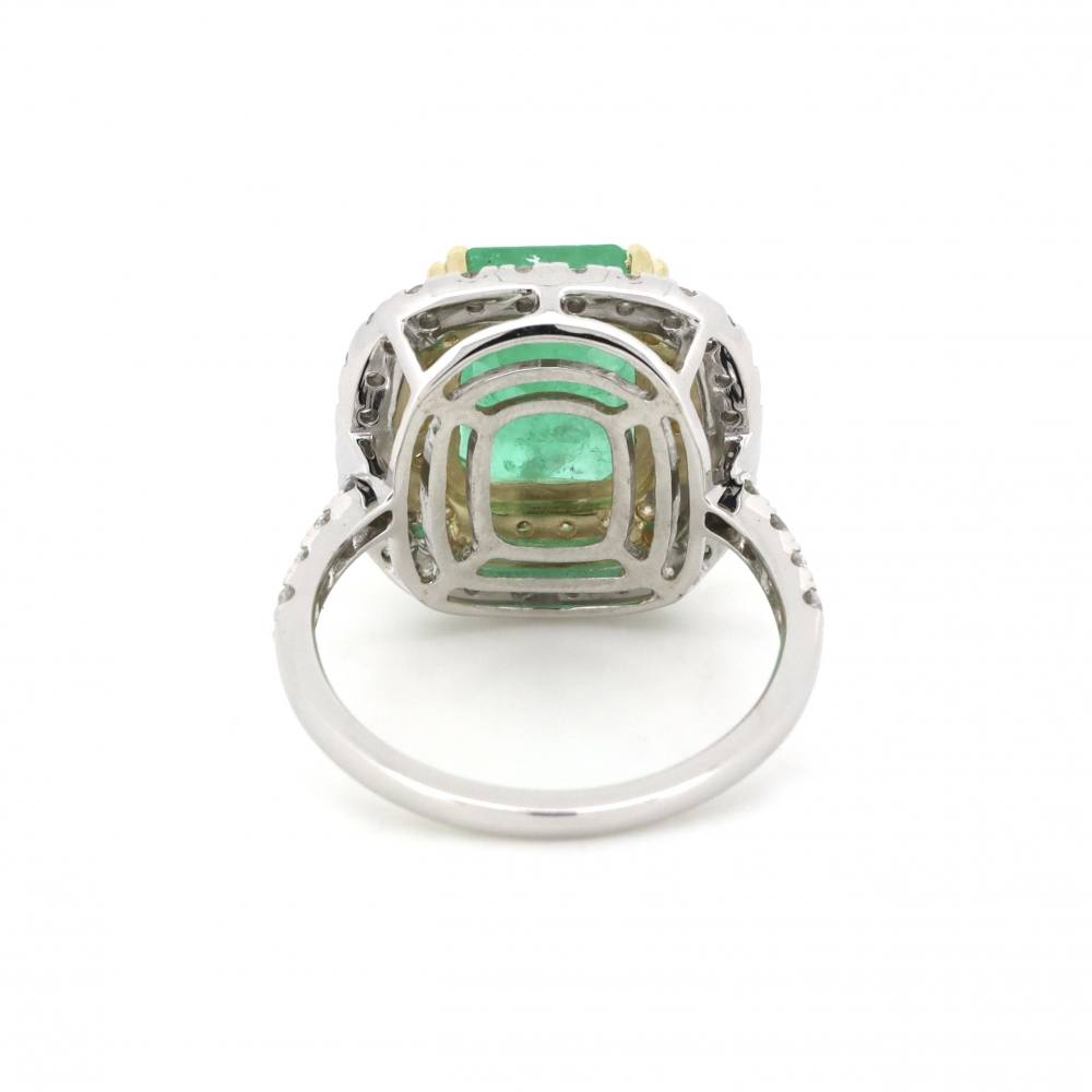White/Yellow Gold, Colombian Emerald and Diamond Double Halo Ring