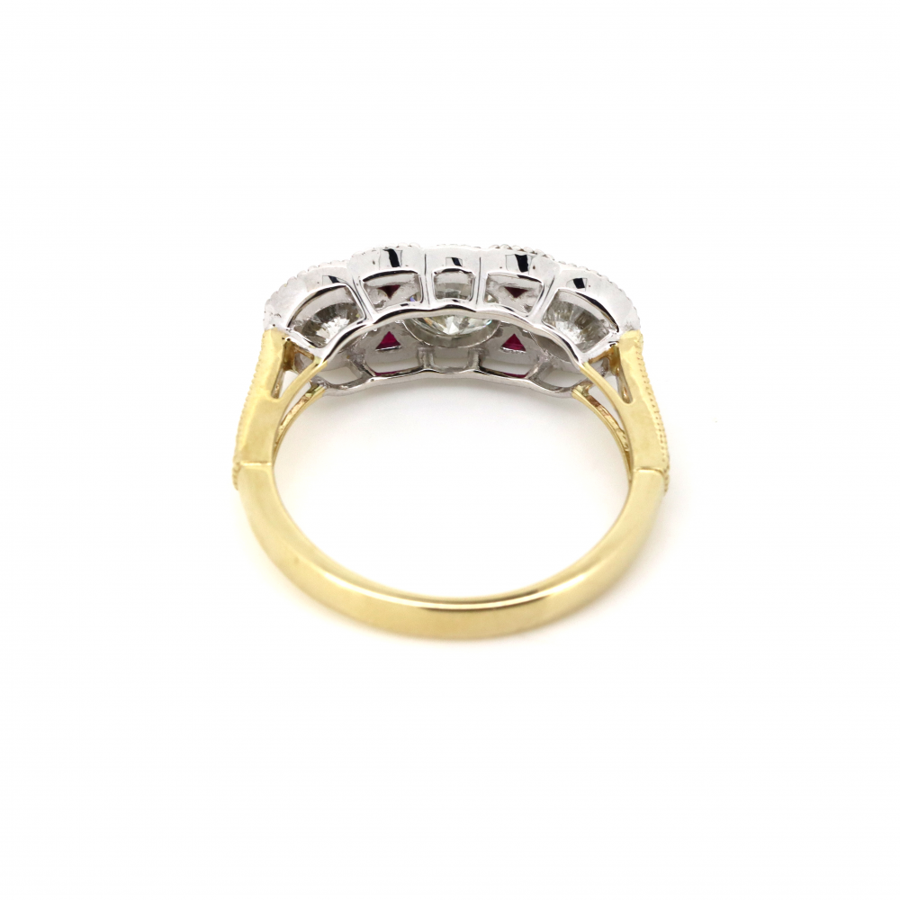 White and Yellow Gold Diamond and Ruby Trilogy Ring