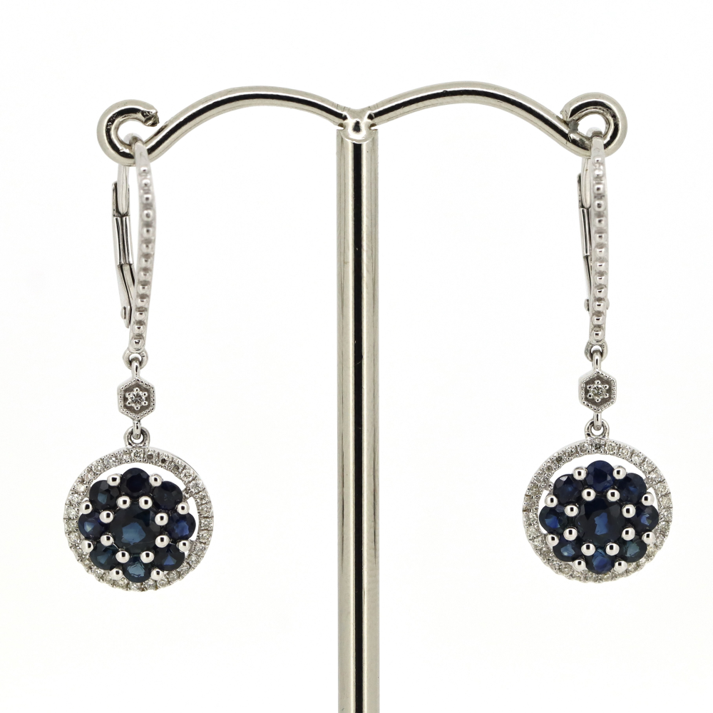 White Gold Blue Sapphire and Diamond Antique Style Drop Earrings