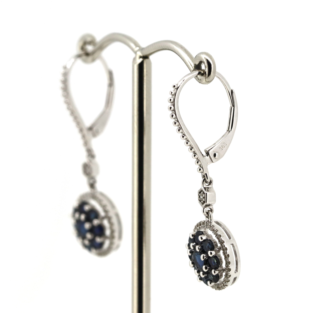 White Gold Blue Sapphire and Diamond Antique Style Drop Earrings