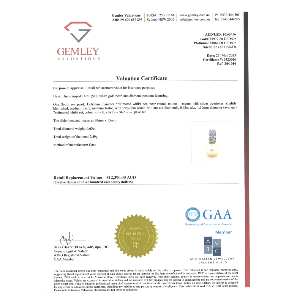 White Gold Cream Cultured South Sea Pearl and Diamond Pendant